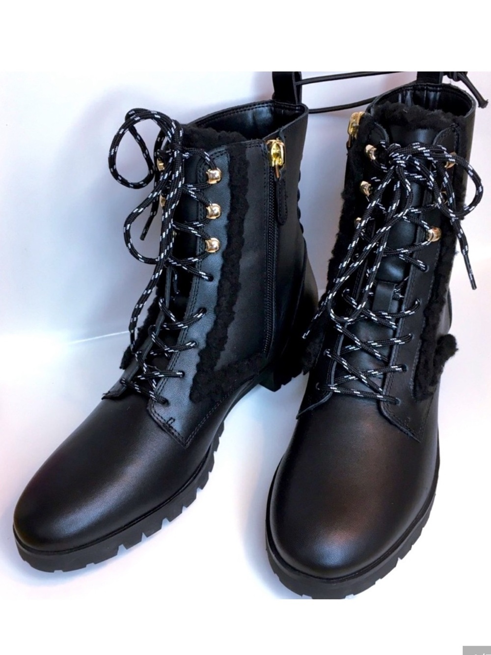 Kate Spade ♠️ Raquelle Womens 10 Black Leather Combat Boot Zip Faux Fur Lug Sole